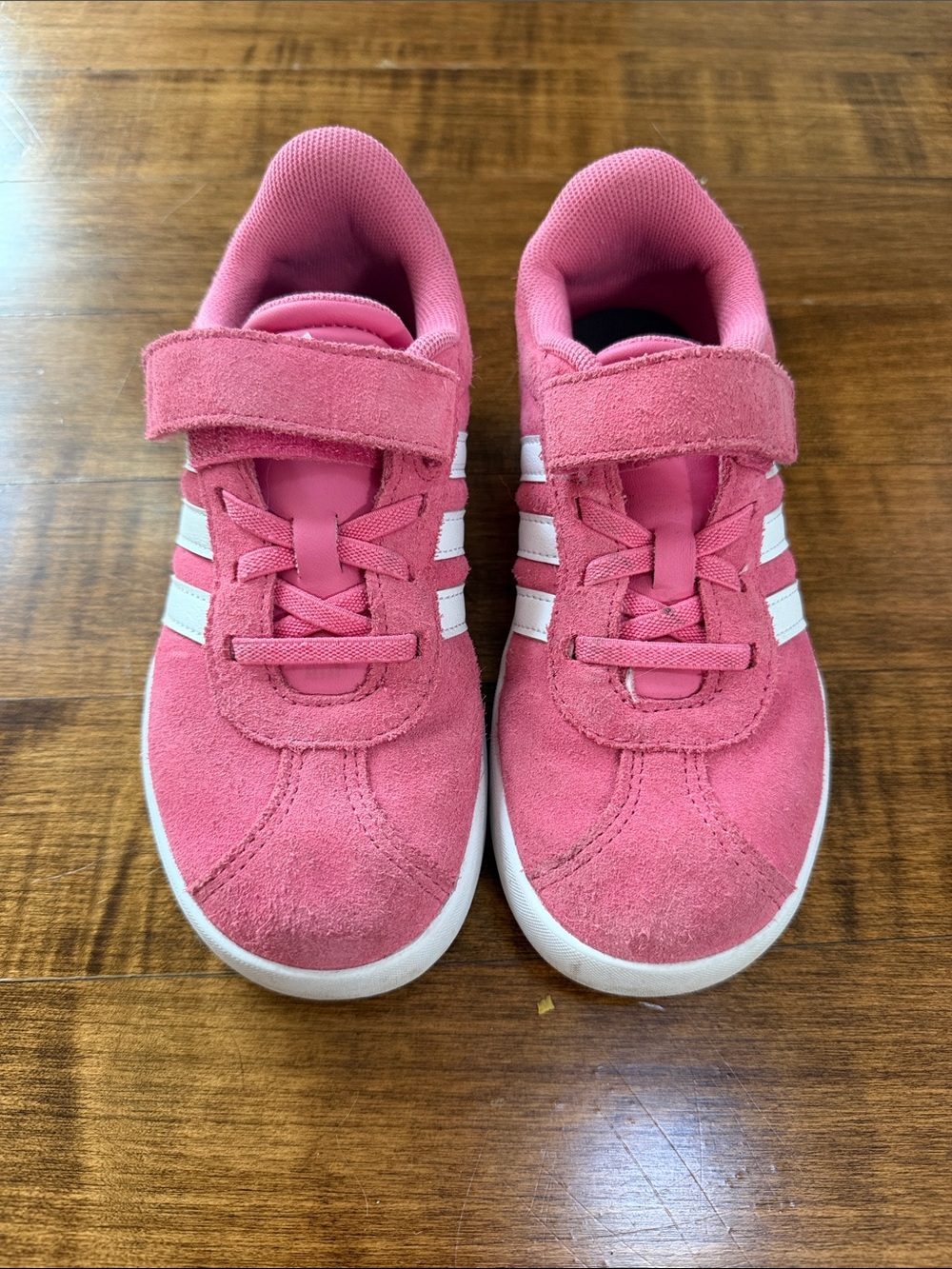 adidas Kids Pink Suede Velcro Sneakers with White Stripes